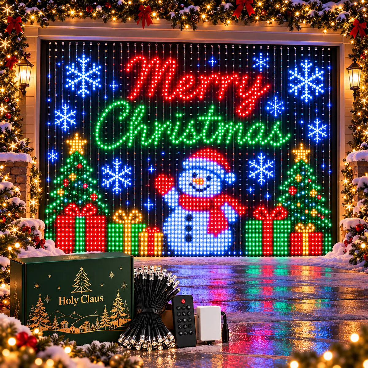 Merry Christmas greeting in lights with a snowman, trees and gifts, and the Holy Claus box in front