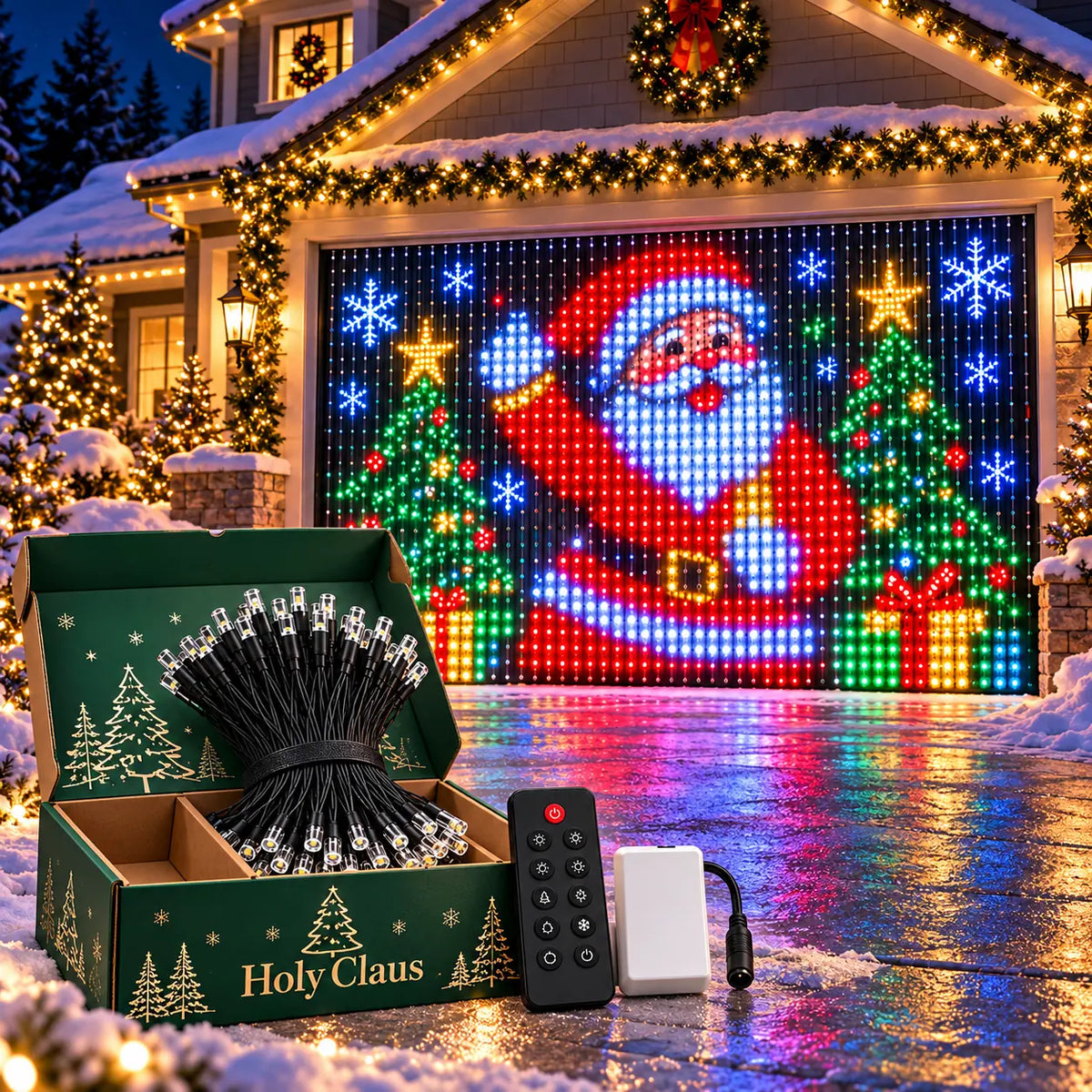 Holy Leds Christmas LED light display showing Santa on a garage door, with the gift box, light strings, remote and controller