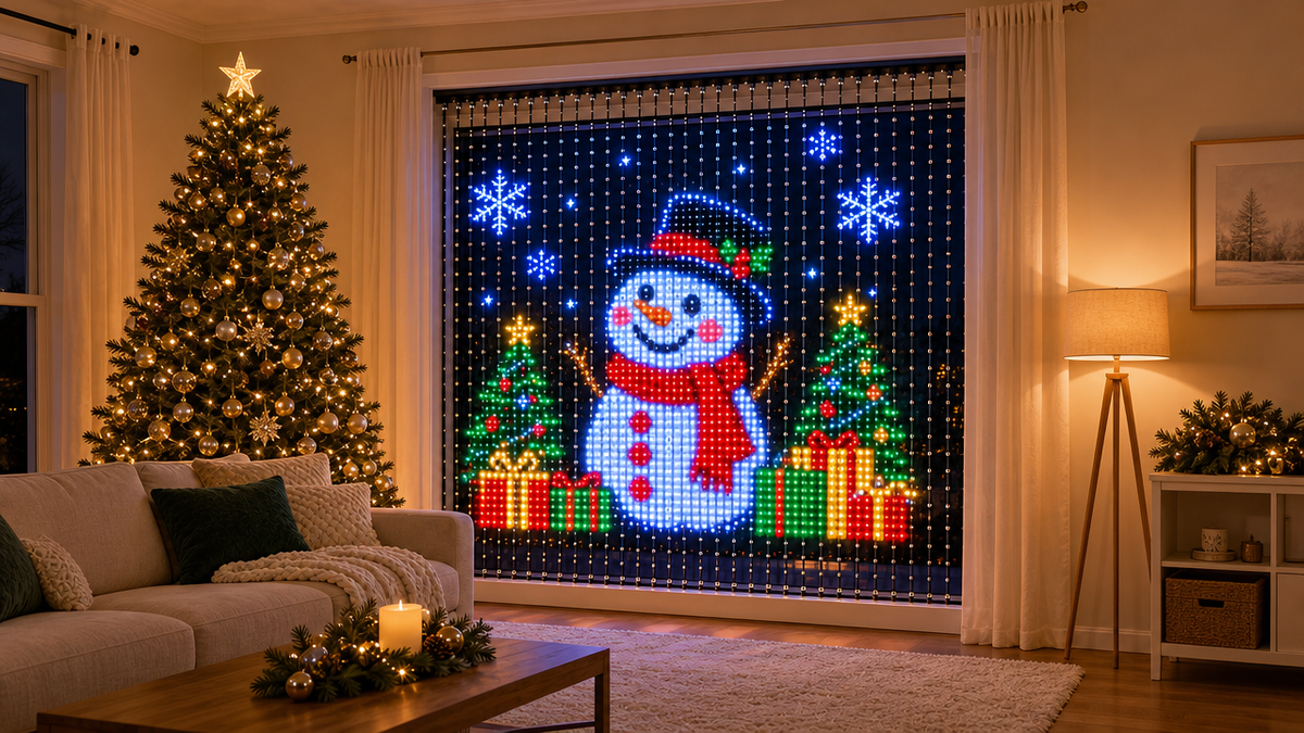Living room at Christmas with the Holy Leds light curtain lit on the window, showing a snowman