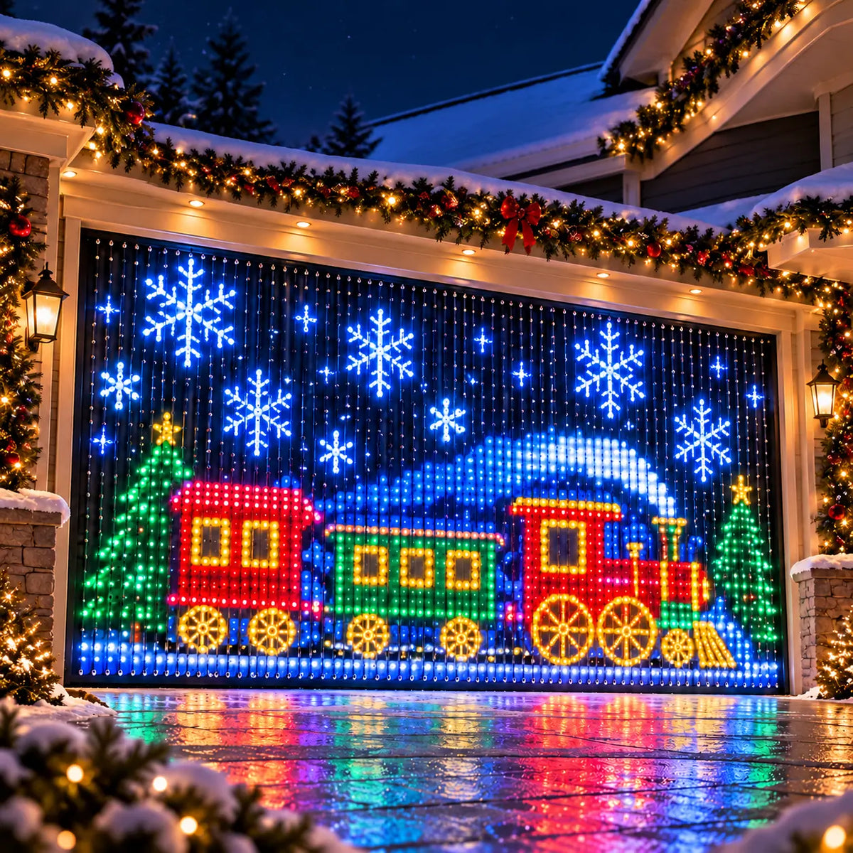 Christmas train design in lights on a garage door