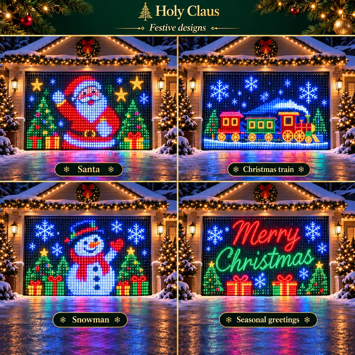Four festive designs: Santa, Christmas train, snowman and Merry Christmas greeting