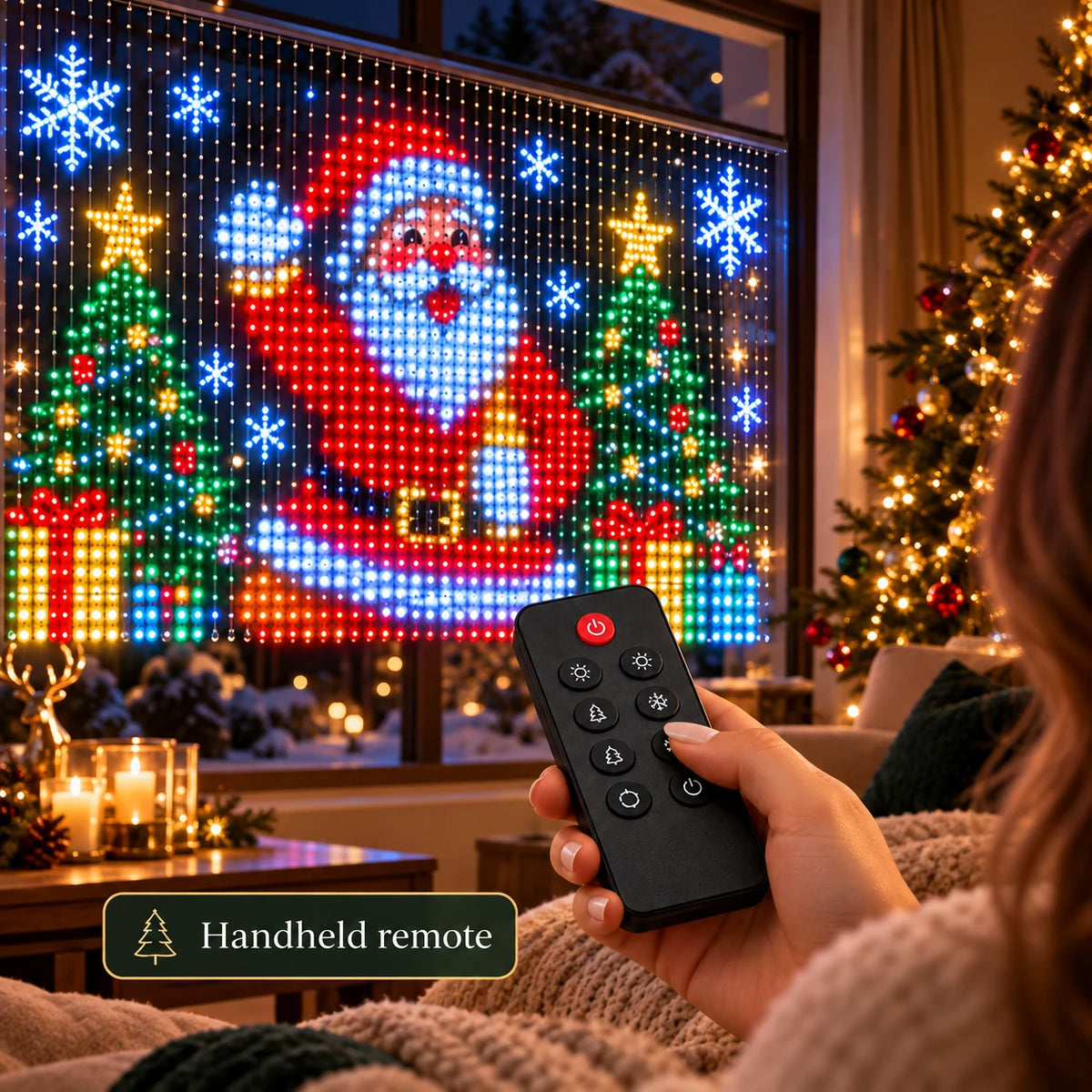 A hand holding the remote in front of the Santa light display on a window