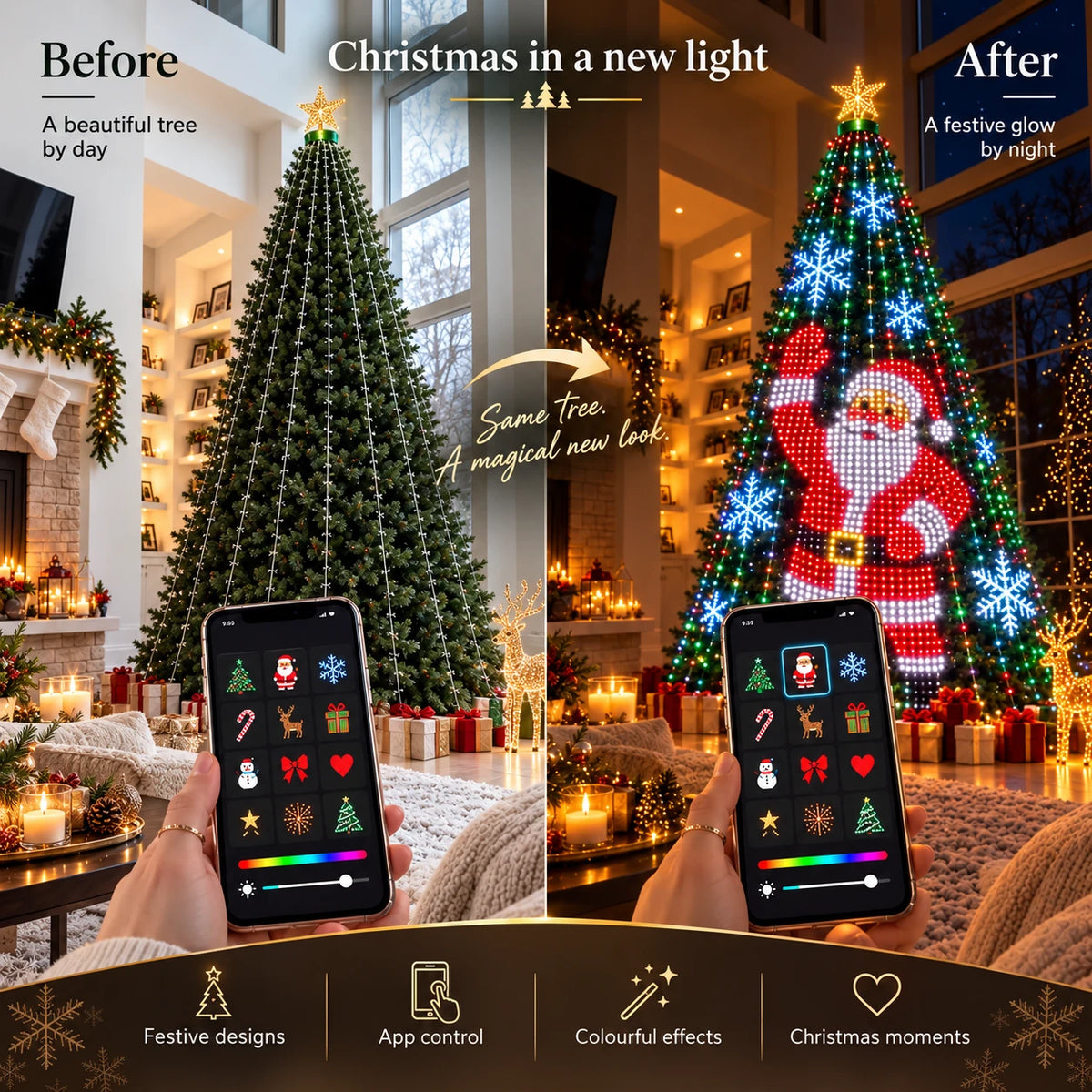 Before and after: the same tree with the lights on